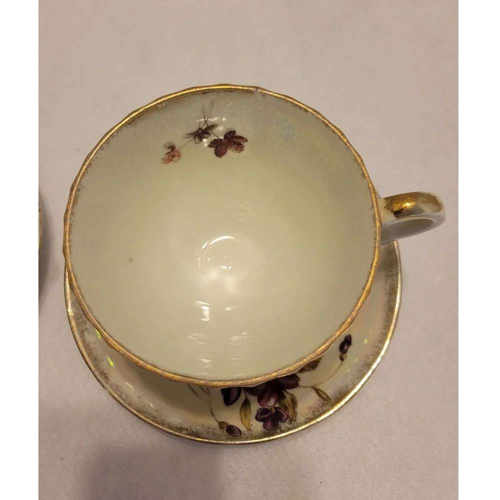Vtg‎ Lusterware Tea Cup Saucer Set Purple Floral Gold Trim Porcelain Japan 2pc